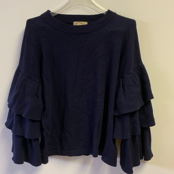 Deja Vu ruffle sleeve cropped sweater navy blue - Picture 1 of 4